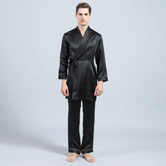 Men Long Silk Pajamas and Robe Silk sleepwear Set