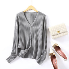 100% Cashmere Rib-Knit V-Neck Shirt Sweater Button Cardigan