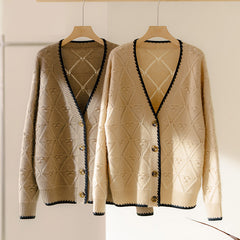 V-neck Pure Cashmere Diamond-Knit Knitted Sweater Cardigan