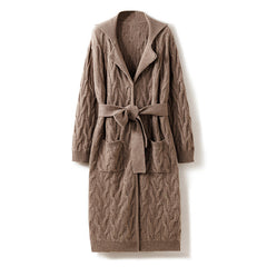 Women's Long Cable-Knit Belted Knitted Pure Cashmere Cardigan