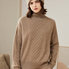 Turtleneck Loose Pullover Cable Pattern Knitted  Cashmere Sweater