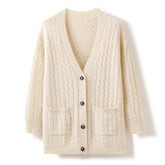 Cable-Knit Thickened Pure Cashmere Button up Cardigan with Pockets