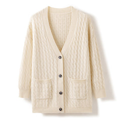 Cable-Knit Thickened Pure Cashmere Button up Cardigan with Pockets
