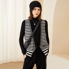 Women’s Striped V-Neck Sleeveless Cashmere Button Vest Cardigan
