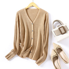 100% Cashmere Rib-Knit V-Neck Shirt Sweater Button Cardigan