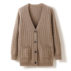 Cable-Knit Thickened Pure Cashmere Button up Cardigan with Pockets