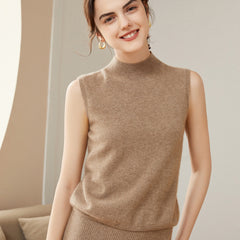 100% Cashmere Tops Half Turtleneck Sleeveless Knitted Sweater