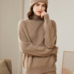 Turtleneck Loose Pullover Cable Pattern Knitted  Cashmere Sweater