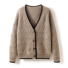 V-neck Pure Cashmere Diamond-Knit Knitted Sweater Cardigan