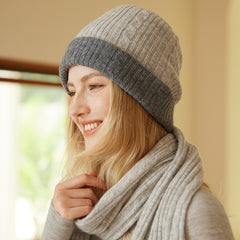 100% Cashmere Ribbed Knit Reversible Two-Tone Beanie Hat
