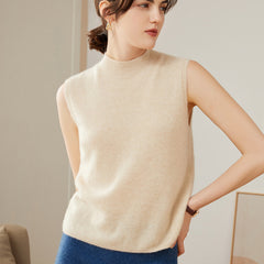 100% Cashmere Tops Half Turtleneck Sleeveless Knitted Sweater