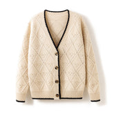 V-neck Pure Cashmere Diamond-Knit Knitted Sweater Cardigan