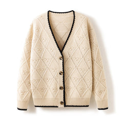 V-neck Pure Cashmere Diamond-Knit Knitted Sweater Cardigan