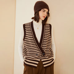 Women’s Striped V-Neck Sleeveless Cashmere Button Vest Cardigan
