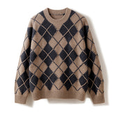 Round Neck Loose Thickened Argyle Textured Knit Cashmere Sweater