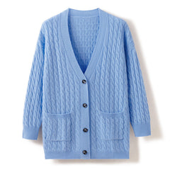 Cable-Knit Thickened Pure Cashmere Button up Cardigan with Pockets