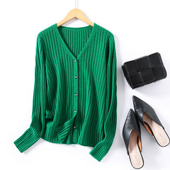 100% Cashmere Rib-Knit V-Neck Shirt Sweater Button Cardigan