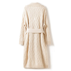 Women's Long Cable-Knit Belted Knitted Pure Cashmere Cardigan