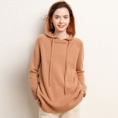 100% Cashmere Knit Loose Cashmere Sweater Hoodie for Women