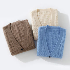 Cable-Knit Thickened Pure Cashmere Button up Cardigan with Pockets