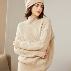 Turtleneck Loose Pullover Cable Pattern Knitted  Cashmere Sweater