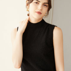100% Cashmere Tops Half Turtleneck Sleeveless Knitted Sweater