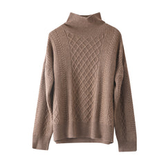Turtleneck Loose Pullover Cable Pattern Knitted  Cashmere Sweater