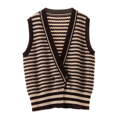 Women’s Striped V-Neck Sleeveless Cashmere Button Vest Cardigan