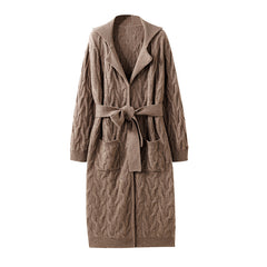 Women's Long Cable-Knit Belted Knitted Pure Cashmere Cardigan