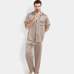 Short Sleeve Long pants Silk Pajama Set for Men