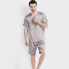 Men's Short Two Piece Henley Neck Silk Pajama Set