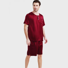 Men's Short Two Piece Henley Neck Silk Pajama Set