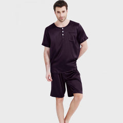 Men's Short Two Piece Henley Neck Silk Pajama Set