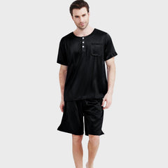 Men's Short Two Piece Henley Neck Silk Pajama Set