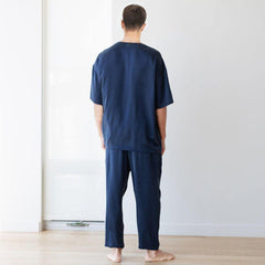Men's Short Sleeve Silk Pajamas Henley Neck Silk Pajama Set