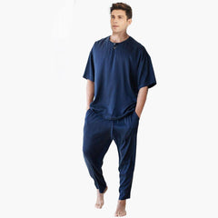 Men's Short Sleeve Silk Pajamas Henley Neck Silk Pajama Set