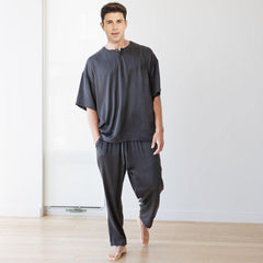 Men's Short Sleeve Silk Pajamas Henley Neck Silk Pajama Set