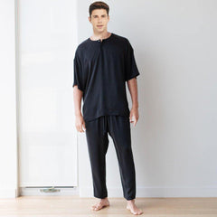 Men's Short Sleeve Silk Pajamas Henley Neck Silk Pajama Set