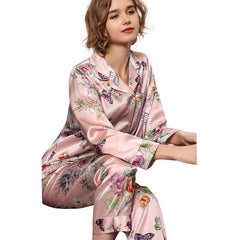 Luxury Mulberry Long Flower Print Silk Pajamas Set For Women