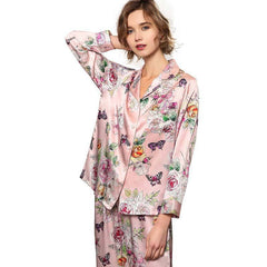 Luxury Mulberry Long Flower Print Silk Pajamas Set For Women