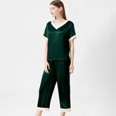 Women V Neck Silk Sleepwear Two-piece Pure Silk Pajama Set