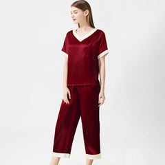 Women V Neck Silk Sleepwear Two-piece Pure Silk Pajama Set