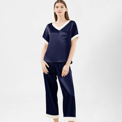 Women V Neck Silk Sleepwear Two-piece Pure Silk Pajama Set