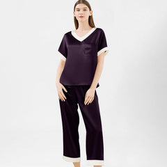 Women V Neck Silk Sleepwear Two-piece Pure Silk Pajama Set