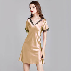 Sexy Women Silk Nightgown with Lace Silk Chemise