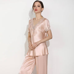 Women's 100% Silk Pajama Set Luxury Silk Sleepwear with Lace