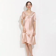 Women Silk Nightgown With Lace V-Neck Long Silk Nightdress