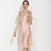 Women Silk Nightgown With Lace V-Neck Long Silk Nightdress