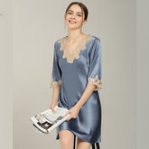 Women Silk Nightgown With Lace Short Sleeves Lace Silk Sleepwear