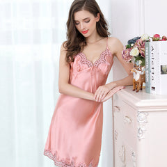 Women Sexy Silk Nightdress With Lace Short Silk Slip Dresses